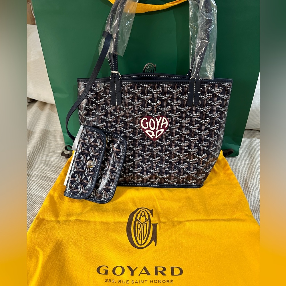 Goyard Mini Anjou Canvas Leather Reversible Mini Tote Bag Navy Burgundy Heart